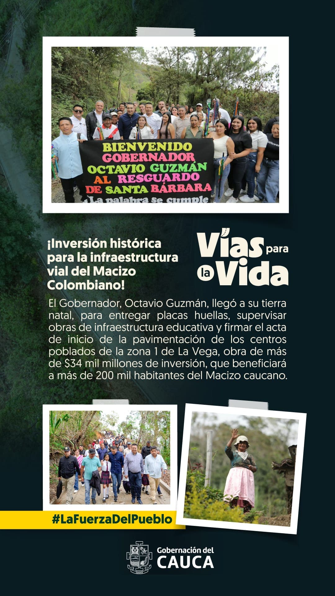 Gobernador del Cauca, Octavio Guzmán, confirma inicio de pavimentación de vías por más de $34.000 millones en La Vega, Cauca