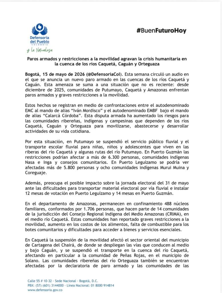 Defensoría del Pueblo alerta por paros armados que confinan comunidades indígenas, campesinas en Caquetá, Putumayo y Amazonas