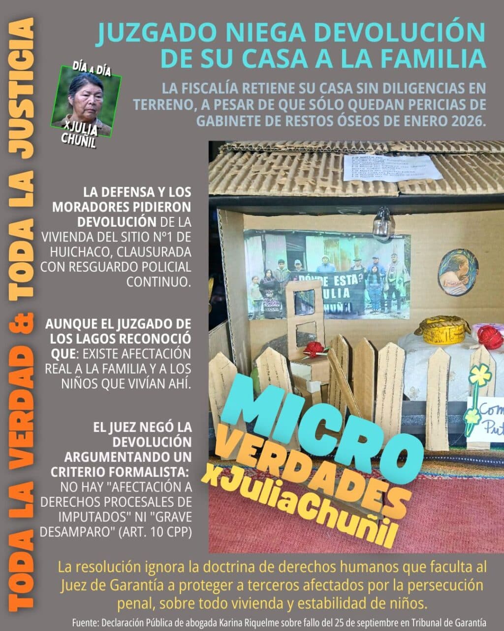 Nación Mapuche. Juzgado de garantía reconoce afectación a la familia de Julia Chuñil, pero se niega a devolver su vivienda en Huichaco